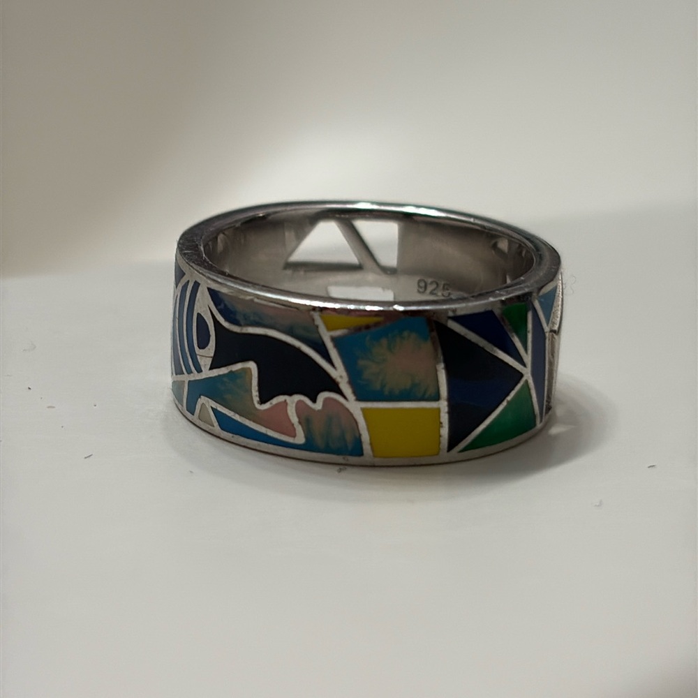 Sterling Inlay Mosaic Band Ring - Multicolor Enamel